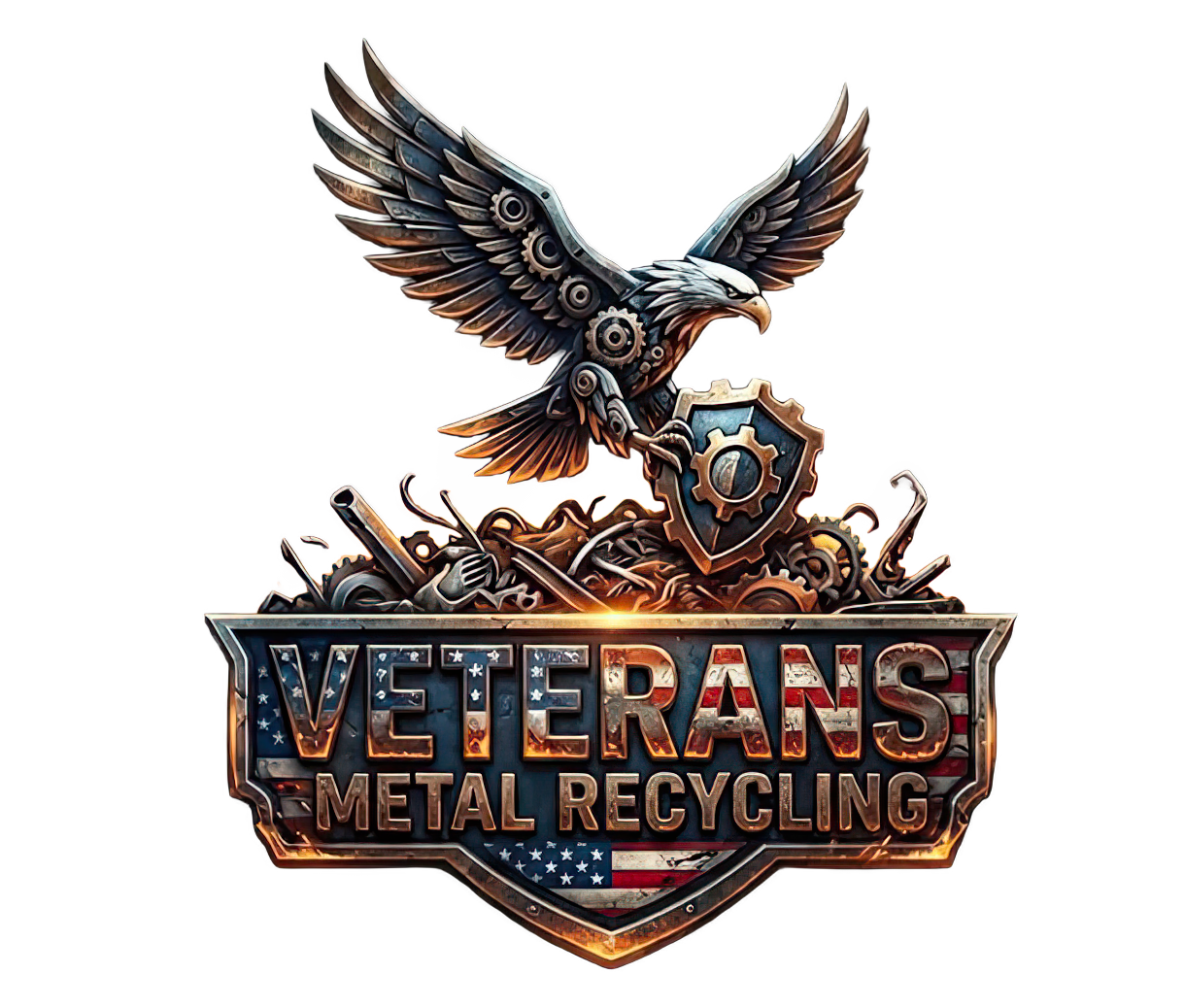 Veterans Metal Recycling logo — mechanical eagle with American flag shield above the Veterans Metal Recycling wordmark